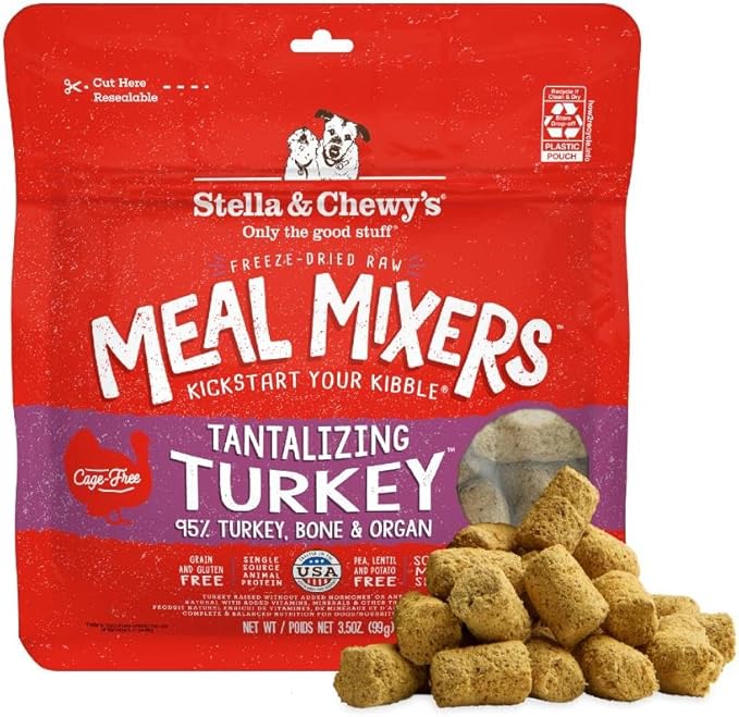 Stella & Chewy's Freeze-Dried Raw Tantalizing Turkey Meal Mixers- Dog Food Topper and Mixer - Made with 95% Cage-Free Turkey, Organs & Bone - Perfect for Picky Eaters - Grain-Free - 3.5 oz