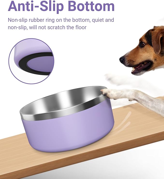 WENBOKMIN Dog Bowl, Stainless Steel Dog Food and Water Bowl with Non Slip Quiet Bottom, Easy to Clean, Dishwasher Safe, 64oz, Light Purple