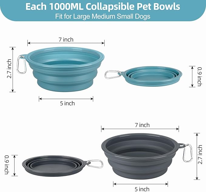 Kytely 2 Pack Collapsible Dog Bowls - 1000ml Portable Pet Food & Water Bowls with Carabiner Clip, Foldable Travel Dog Dish for Hiking, Walking, Camping (Blue & Grey)