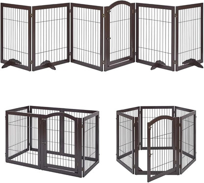 unipaws 144" Extra Wide Dog Gate and Pet Playpen, Free Standing Tall Dog Fence with Walk Through Door, Barriers for Home, Use as Indoor Cats Pen, Rabbit Pen, Espresso