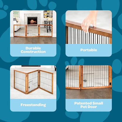 Carlson 22"-62" Super Wide Dog Gate with Small Pet Door, Premium Wooden 3-Panel Pet Gate for Doorways & Hallways