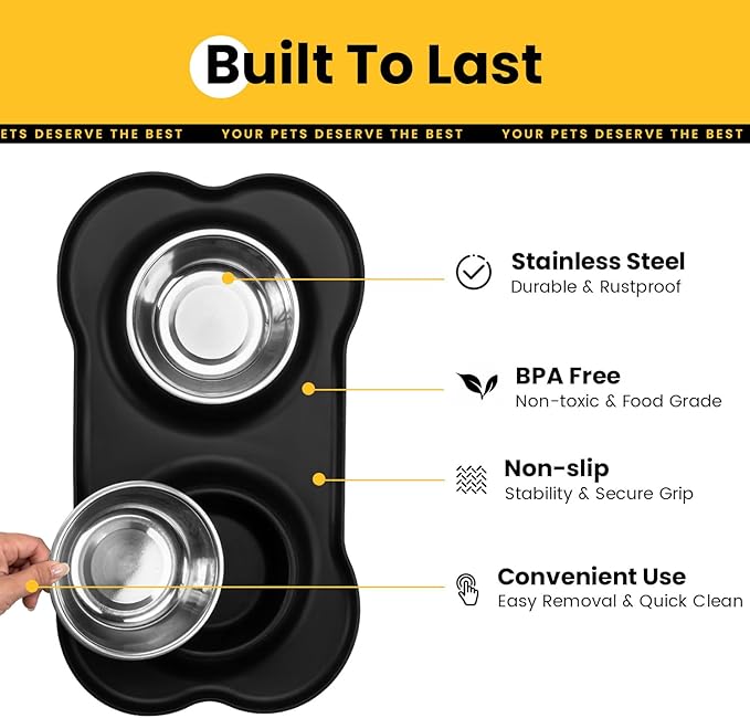Conlun Stainless Steel Dog Bowls with Non-Slip Silicone Mat, Spill Proof Food & Water Bowls Set, Easy Clean Puppy Food Dish, Dishwasher Safe, Suitable for Dogs Cats Pet Under 20lbs, Small, Black