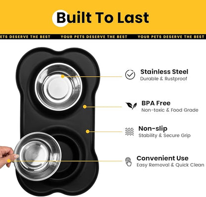 Conlun Stainless Steel Dog Bowls with Non-Slip Silicone Mat, Spill Proof Food & Water Bowls Set, Easy Clean Puppy Food Dish, Dishwasher Safe, Suitable for Dogs Cats Pet Under 20lbs, Small, Black
