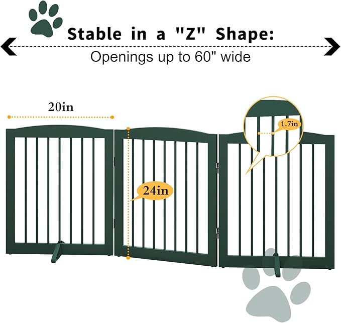 PUPETPO Freestanding Pet Gate for Dogs, Foldable Wooden Dog Gate for House, Indoor Dog Gate for Doorways, Stairs, Step Over Pet Puppy Safety Fence, Support Feet Included,24" Height 3 Panels,Green