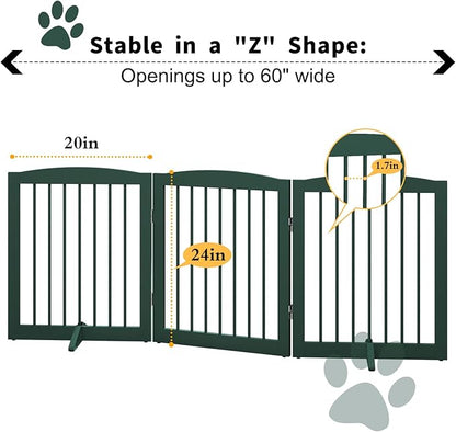 PUPETPO Freestanding Pet Gate for Dogs, Foldable Wooden Dog Gate for House, Indoor Dog Gate for Doorways, Stairs, Step Over Pet Puppy Safety Fence, Support Feet Included,24" Height 3 Panels,Green