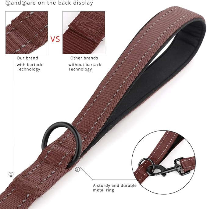 Plutus Pet Double Handle Dog Leash 4ft, Heavy Duty, Reflective Dual Handle Dog Leash for Safety Training, for Medium Large Dogs,2 Handle Leads, Chocolate