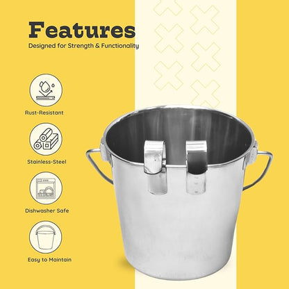 1 quart Stainless Steel Flat Sided Bucket with Dual Hooks | 0.25 gal Durable Food & Water Bowl for Dog Cat Bird & Small Animals | Fits kennel Cage Critter Crate | Hanging Utility Pet Pail