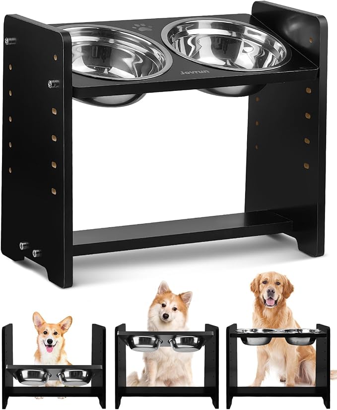 Jovrun Elevated Dog Bowls, Adjustable Raised Dog Bowl Stand for Medium Size Dogs and Cats, Durable Bamboo Dogs Feeder with 2 Stainless Steel Bowls and Non-Slip Feet, Pet Food Bowl for Medium Sizes