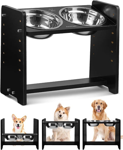 Jovrun Elevated Dog Bowls, Adjustable Raised Dog Bowl Stand for Medium Size Dogs and Cats, Durable Bamboo Dogs Feeder with 2 Stainless Steel Bowls and Non-Slip Feet, Pet Food Bowl for Medium Sizes