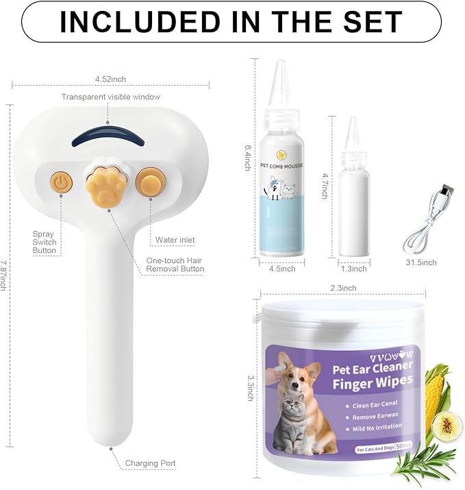 Pet Steam Brush for Dog & Cat – 3-in-1 Spray Hair Removal Comb for Shedding & Grooming, Softens Fur & Reduces Static – Water Brush for Long & Short Coats, Bath-Hating Pets, Includes Waterless Shampoo