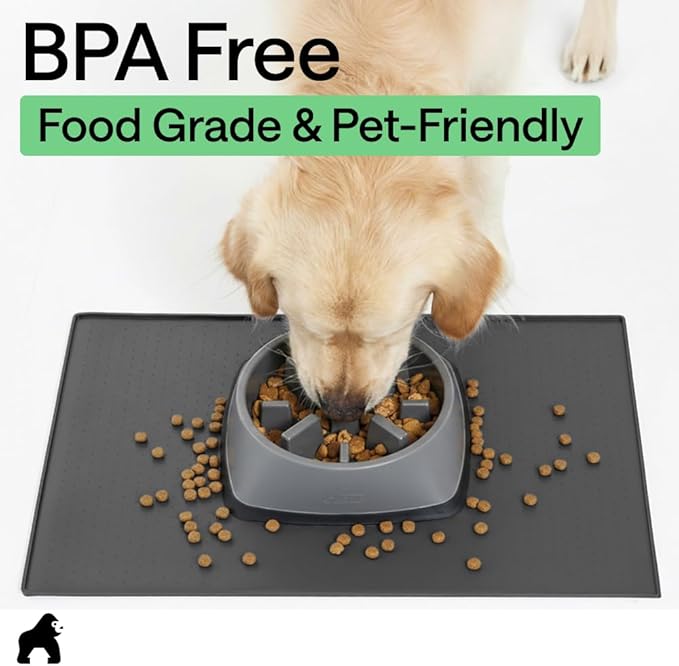 GORILLA GRIP 100% Waterproof Raised Edge BPA Free Silicone Pet Feeding Mat, Dog Cat Food Mats Contain Spills Protects Floors, Placemats for Cats and Dogs Water Bowl Pets Accessories 18.5x11.5 Charcoal