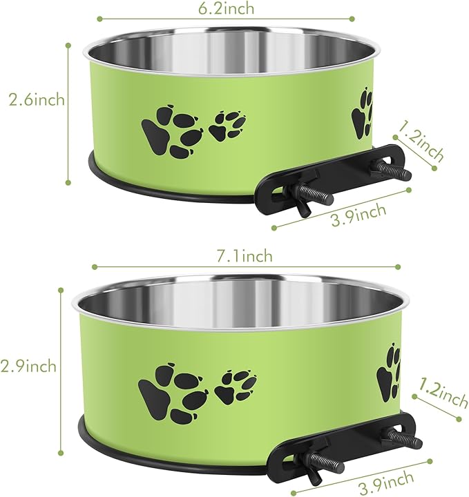 Dog Crate Water Bowl, ShineMe 54oz & 34oz Stainless Steel No Spill Crate Food and Water Bowl, Kennel Bowls Mountable for Medium and Large Dogs, Cats and Pets, Set of 2, Green (7.1x2.9” & 6.2x2.6”)