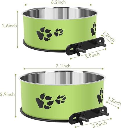 Dog Crate Water Bowl, ShineMe 54oz & 34oz Stainless Steel No Spill Crate Food and Water Bowl, Kennel Bowls Mountable for Medium and Large Dogs, Cats and Pets, Set of 2, Green (7.1x2.9” & 6.2x2.6”)