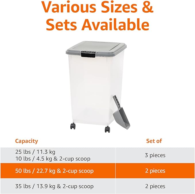 Amazon Basics Airtight Pet Food Storage Container with Scoop, BPA Free, Removable Wheels, 69 QT, Gray