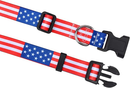 Mihqy American Flag Dog Collar and Leash Set- Patriotic, US Flag Pattern, Star & Stripes, Fourth of July Dog Collar, Adjustable for Small Medium Large Dogs(Classic US Set,L)