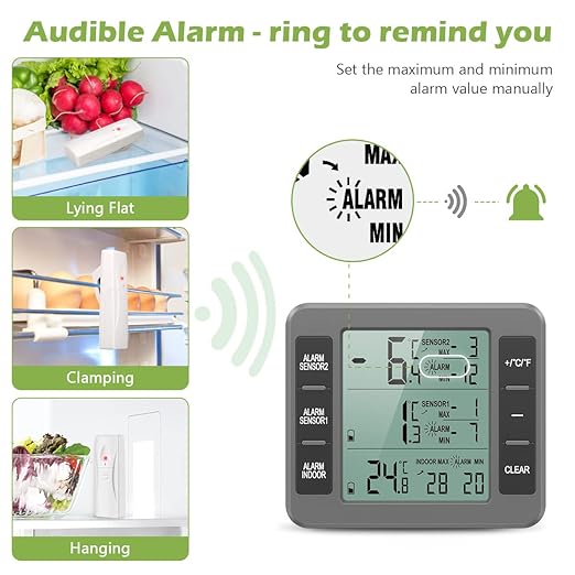 KeeKit Refrigerator Thermometer, Indoor Outdoor Thermometer with 2 Sensors, Wireless Digital Freezer Thermometer with Audible Alarm Temperature Gauge, Min/Max Record for Home, Kitchen – Grey