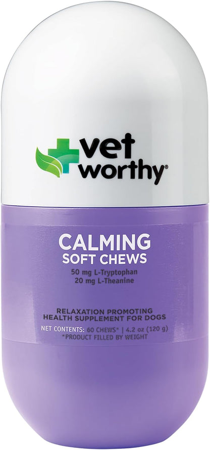 Vet Worthy Dog Calming Chews - Promotes Relaxation and Helps Reduce Stress in Pets with Tryptophan and L Theanine for Dogs - Calming Chews for Dogs Anxiety, Fireworks, and Travel - 60 Soft Chews