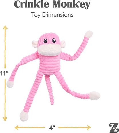 ZippyPaws Crinkle Monkey - Interactive Dog Toys to Keep Them Busy, Squeaky Plush Pet Toy for All Breeds, Cute Gift for Small and Medium Dogs, Contains 1 Round Squeaker - Small, Pink