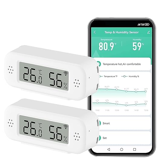 Smart Digital Thermometer Hygrometer, WiFi Indoor Temperature & Humidity Sensor for Home Use, Mini Humidity Monitor with App Remote Monitoring, Data Export, Compatible with Alexa. 2 PCS