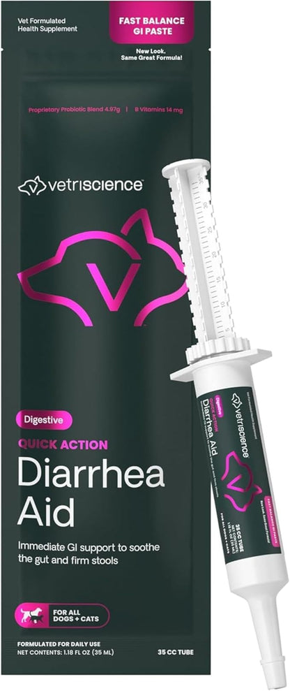 VetriScience Quick Action Diarrhea Aid Paste with Probiotics & B Vitamins, Fast Balance Digestive Support Supplement for Dogs and Cats, Gut Balancer, Unflavored, 35 cc