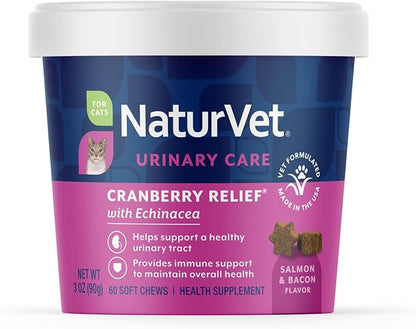 NaturVet Cranberry Relief Plus Echinacea for Cats, 60 ct Soft Chews, Made in The USA with Globally Source Ingredients