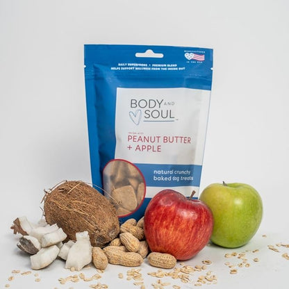Body and Soul Peanut Butter + Apple Crunchy Premium Health Training Dog Treat Superfood Oven Baked Biscuits Oats, Barley & Quinoa – Clean Natural Plant Protein, No Additives No Filler Made in USA 10oz