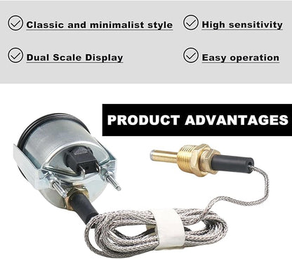 DXNQ Water Temperature Gauge, 2" 52mm 12V Pointer Mechanical Coolant Temp Gauge(40-130℃, 110-265℉), Dual Scale Yellow LED Light Water Thermometer with Sensor NPT 1/2 for Car Boat Marine Truck