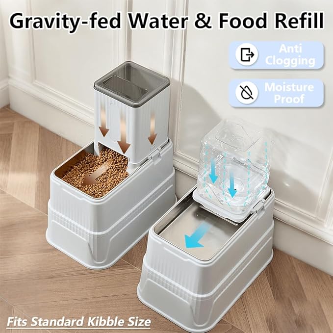 Elevated Automatic Pet Feeder & Water Dispenser, 128oz/3.8L Water & 4.4lb Food Capacity, Stainless Steel Bowl, 2-Level Height Adjustable, Neck Protection for Small/Medium Dogs & Cats