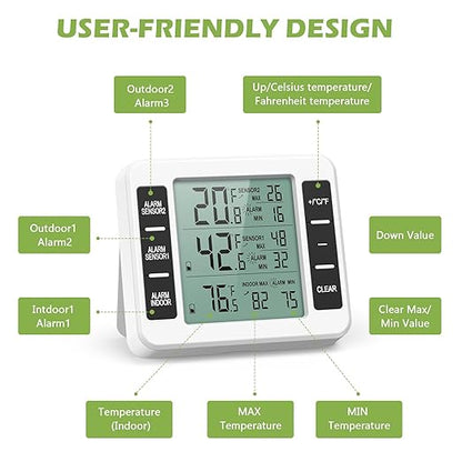 KeeKit Refrigerator Thermometer, Indoor Outdoor Thermometer with 2 Sensors, Wireless Digital Freezer Thermometer with Audible Alarm Temperature Gauge, Min/Max Record for Home, Kitchen – White