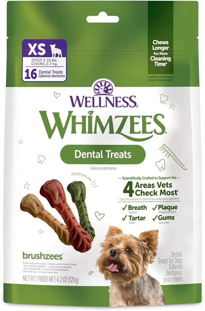 Whimzees Wellness Brushzees Dog Dental Treat, VOHC Accepted Chews, Freshens Breath, Extra-Small Size, 4.2 oz Bag, 16 Count