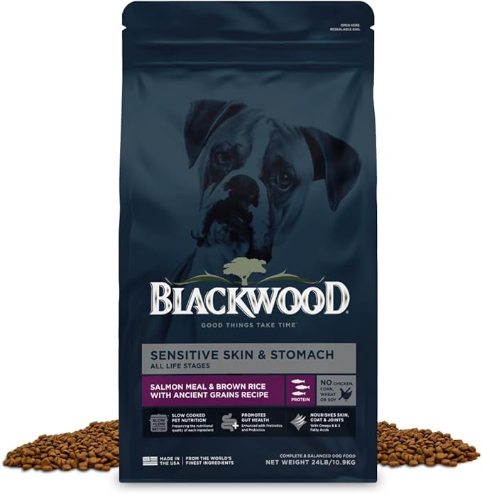 Blackwood Sensitive Skin & Stomach Dry Dog Food, Salmon Meal & Brown Rice with Ancient Grains, 24 Pound Bag with Prebiotics & Probiotics to Promote Gut Health