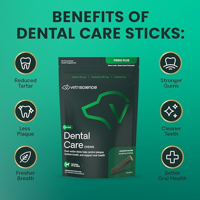 VetriScience Healthy Mouth Dental Chews, Perio Plus Sticks for Dogs, with Probiotics, Spirulina & Zeolites, Breath Freshening, Plaque & Tartar Control, Chicken, 30 Count