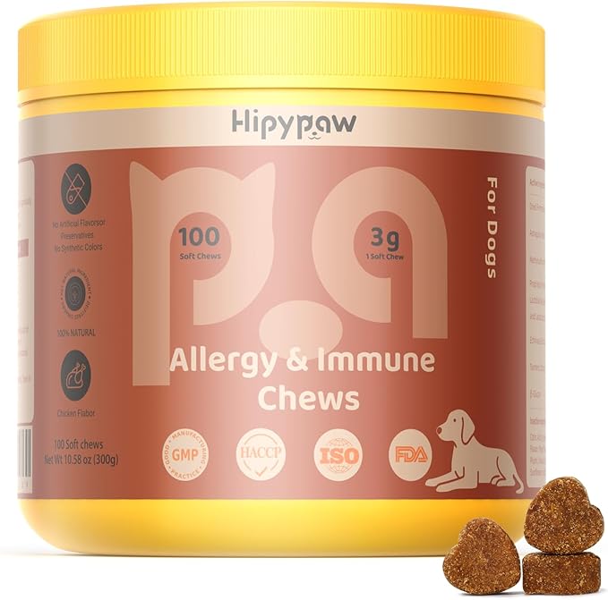Dog Allergy Relief Chews - Dogs Chew for Itching Relief and Skin Allergy- Soft Probiotics Chew for Dogs Digestive Health Gut Health & Immune System-Skin and Coat Health-100ct