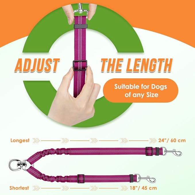 AUTOWT Double Dog Leash, No Tangle 360°Swivel Rotation Reflective Lead Attachment Adjustable Length Dual Two Dogs Lead Splitter, Comfortable Shock Absorbing Walking Training for 2 Dogs