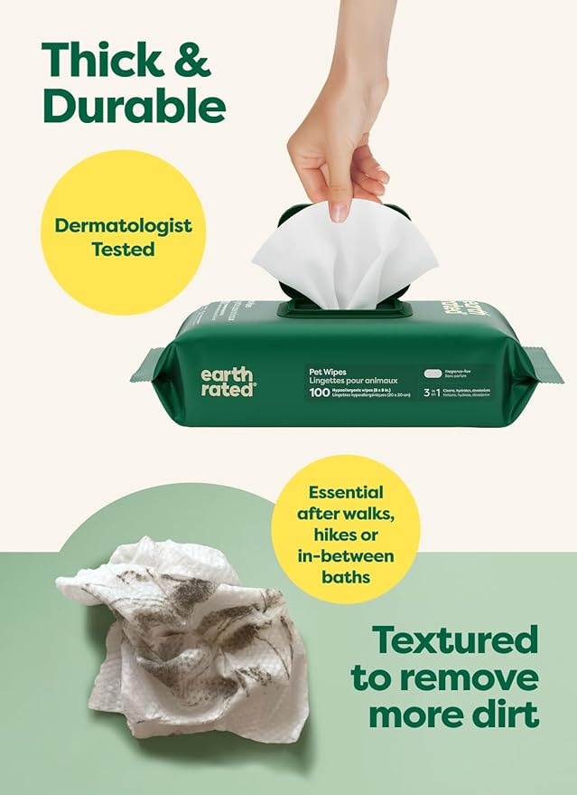 Earth Rated Pet Wipes for Dogs and Cats, Hypoallergenic, Cleaning and Hydrating, for Grooming Paws, Body and Butt, Unscented, 400 Count