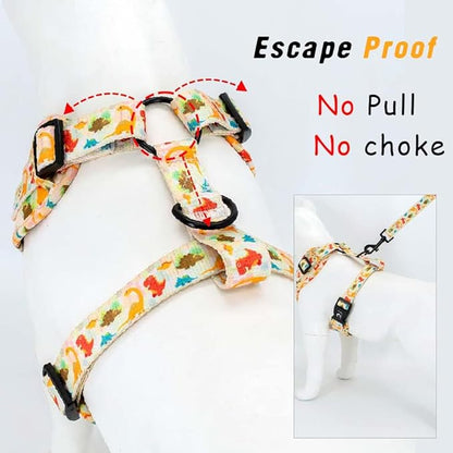 Adjustable Dog Harness and Leash Set for Girl Air Mesh Dog Vest Harness 5Ft Pet Training Leash with Soft Handle Pet Escape Proof for Small Medium Large Dogs (Dinosaur, S)