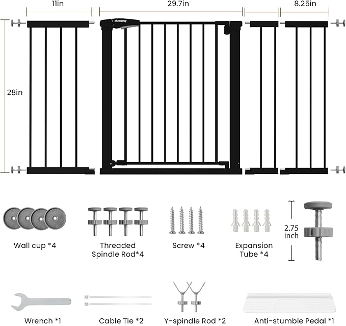 Mumeasy 29.7-57" Extra Wide Baby Gate for Doorways, Auto Close Dog Gate Indoor for Stairs, No-Drill Pressure Mounted Pet Gate with Door, Easy Walk Thru Long&Large Safety Gate for House, Outdoor, Black