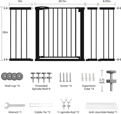 Mumeasy 29.7-57" Extra Wide Baby Gate for Doorways, Auto Close Dog Gate Indoor for Stairs, No-Drill Pressure Mounted Pet Gate with Door, Easy Walk Thru Long&Large Safety Gate for House, Outdoor, Black
