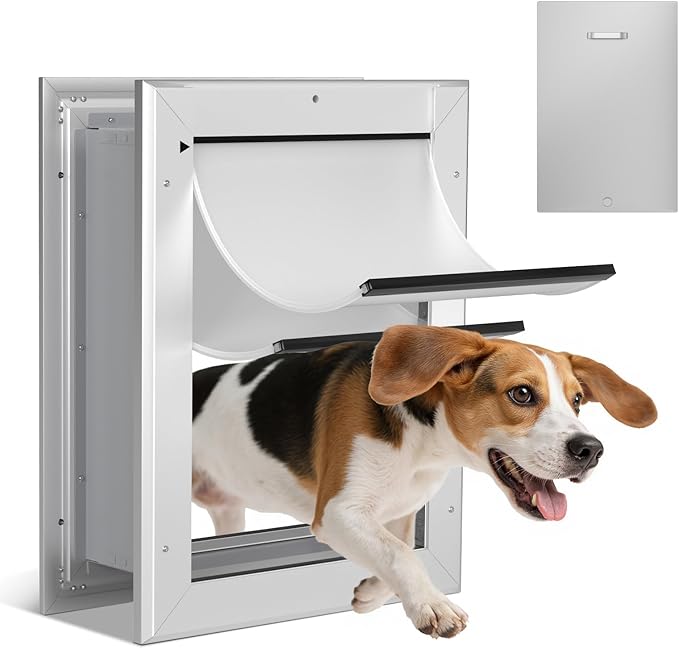 Ownpets Aluminum Dog Door for Wall and Door, Double Flap Energy Efficient, Telescoping Tunnel and Lock Panel, Heavy Duty Doggy Door for Dogs Up to 40lbs, Medium