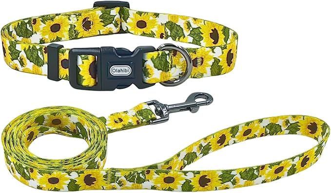 Dog Collar Leash Set, Floral Pattern, 5ft Matching Leash, Polyester Material, 4 for Small Medium Large Dogs.(M, Sunflower)