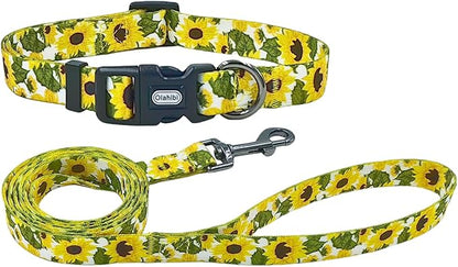 Dog Collar Leash Set, Floral Pattern, 5ft Matching Leash, Polyester Material, 4 for Small Medium Large Dogs.(M, Sunflower)