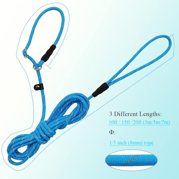 BTINESFUL 10FT / 15FT / 20FT Slip Lead Dog Leash, Reflective 1/3” Rope Leash Long Training Lead for Small Medium Dogs (15ft, Blue)