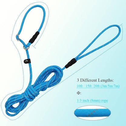BTINESFUL 10FT / 15FT / 20FT Slip Lead Dog Leash, Reflective 1/3” Rope Leash Long Training Lead for Small Medium Dogs (15ft, Blue)