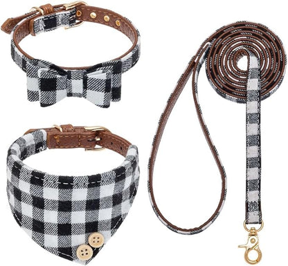 EXPAWLORER Dog Collar and Leash Set - Classic Plaid Dog Bow Tie and Dog Bandana Collar, Dog Leash Tangle Free, Adjustable Collars for Medium Dogs, Holiday Ideal Gift, M