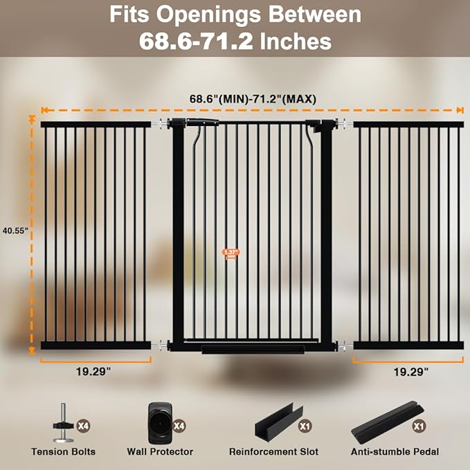 40.55" Extra Tall and Wide Baby & Dog Gate, 68.6-71.2 in, Pressure Mounted, Black