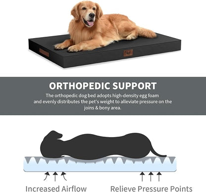 Outdoor Extra Large Dog Bed, Jumbo Waterproof Dog Bed for Large Dogs, Orthopedic Egg Crate Foam Pet Mat with Removable Oxford Cooling Cover, Black