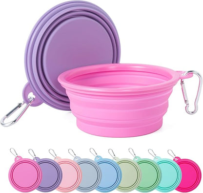 SLSON Collapsible Dog Bowl, 2Pack Macaron Color Pet Travel Bowls Silicone Foldable Water Feeder Dish for Small to Large Dogs Cat Walking Hiking Camping (Macaron Rose and Violet, Small)