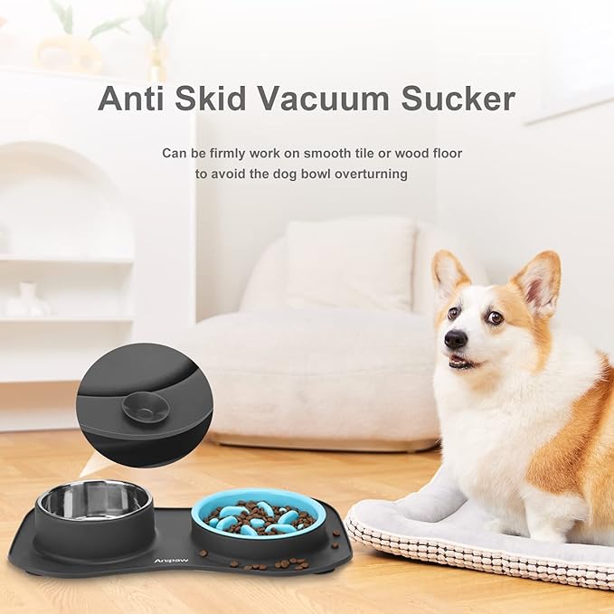 Anipaw Slow Feeder Dog Bowls 3 in 1 Stainless Steel Food and Water Bowls with Non-Spill and Skid Silicone Mat to Slow Down Eating for Large Medium Small Breed Size Dogs and Cats