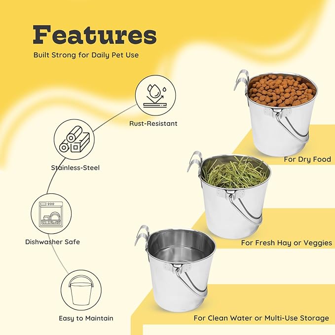 9 Quart Stainless Steel Flat Sided Bucket with Dual Hooks | 2 Pcs Food & Water Bowl for XL Dog Goat Cattle Horse & Livestock | Fits kennel Crate Cages Farm Hanging Pet Pail | Multipurpose