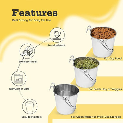 9 Quart Stainless Steel Flat Sided Bucket with Dual Hooks | 2 Pcs Food & Water Bowl for XL Dog Goat Cattle Horse & Livestock | Fits kennel Crate Cages Farm Hanging Pet Pail | Multipurpose